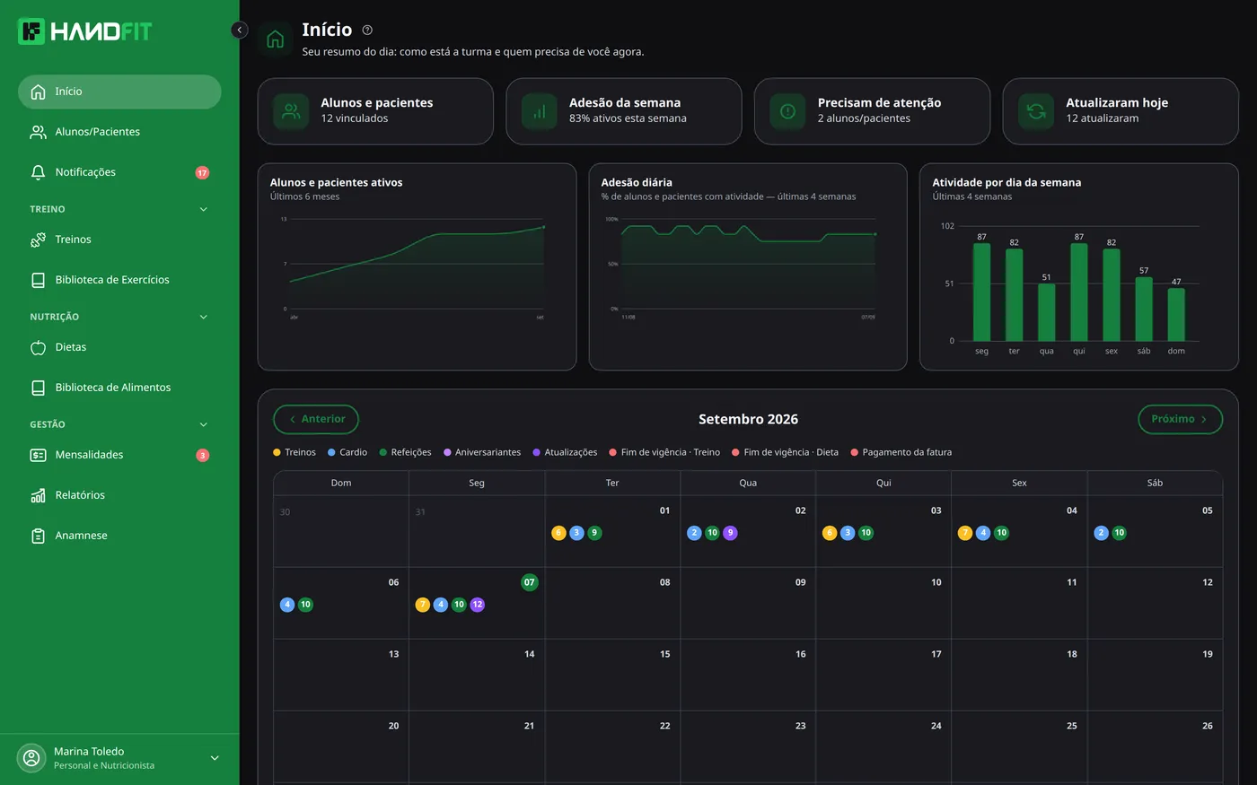 Dashboard do painel HandFit com cards de resumo, gráficos de atividade dos alunos e calendário