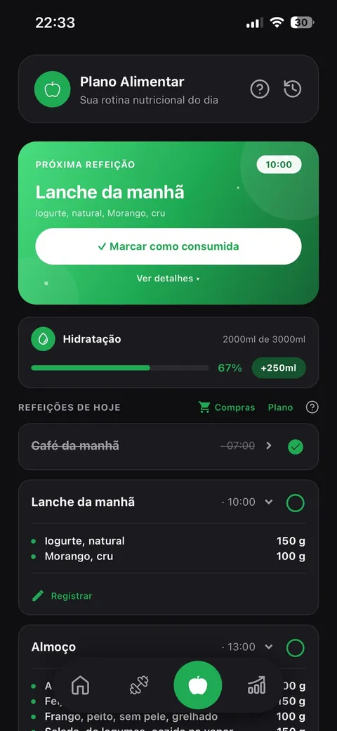 Tela do plano alimentar no app HandFit, com total de calorias e macros do dia, próxima refeição e hidratação