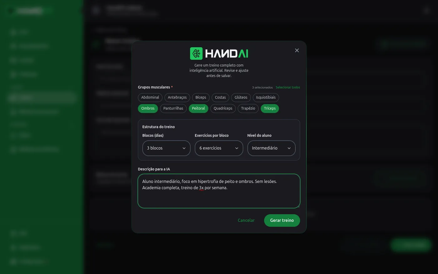Modal da HandAI no painel HandFit gerando um treino: seleção de grupos musculares, número de blocos e exercícios, nível do aluno e descrição para a IA