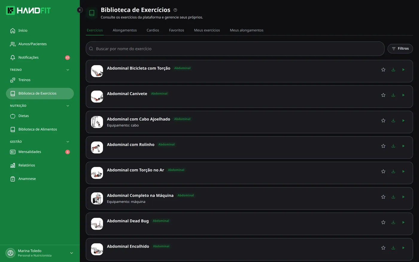 Biblioteca do HandFit com abas de exercícios, alongamentos, cardios e exercícios próprios, cada um com vídeo demonstrativo