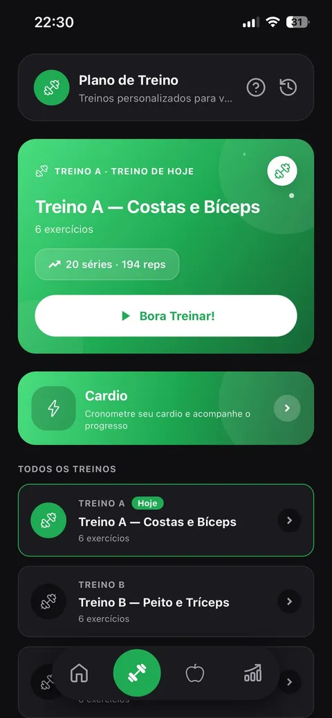 Tela de treinos no app HandFit, com o treino do dia em destaque, volume de séries e repetições e atalho para o cardio